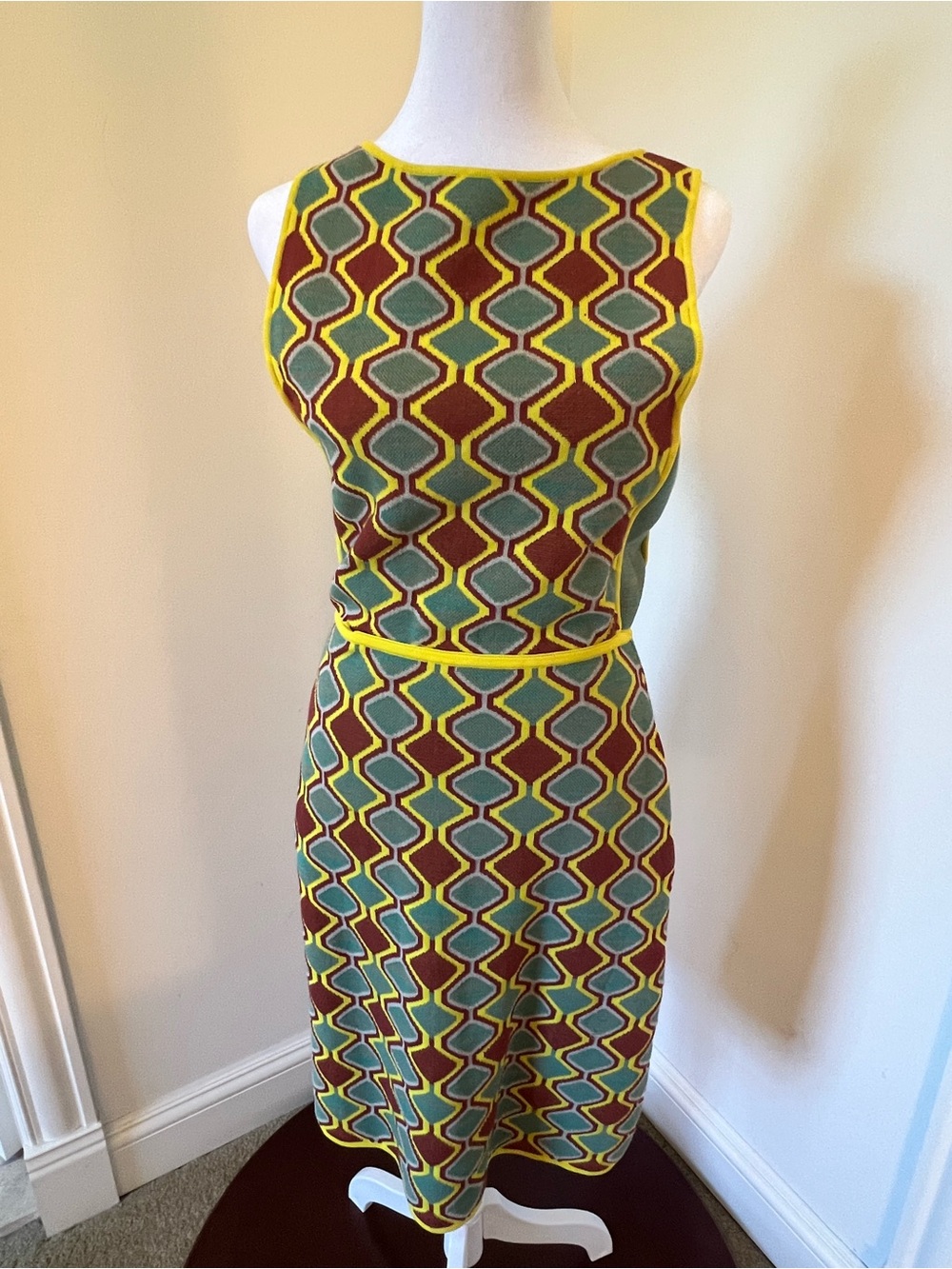 MISSONI Geometric Knit Dress in Yellow, Green & Burgundy